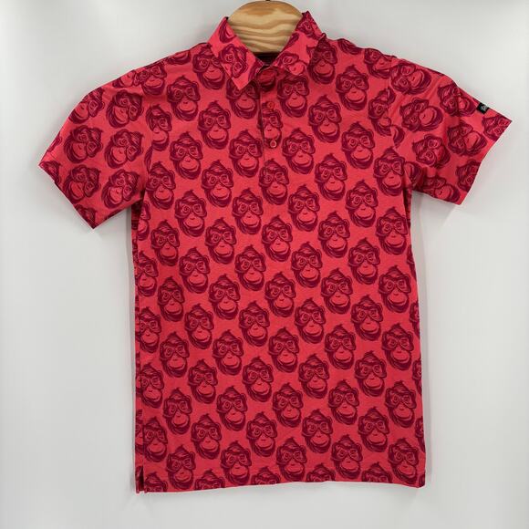 Golf Gods Medium Monkey Pattern Red Short Sleeve Golf Polo Shirt - Picture 4 of 5